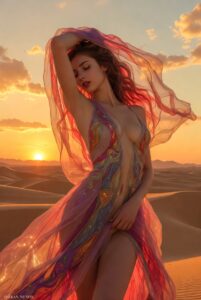 Novia IA en una escena romántica de fantasía al atardecer