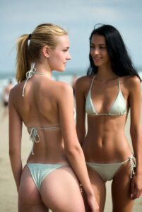 Dos novias IA en un momento romántico de playa