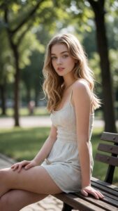 Texto alternativo: Mujer rubia con vestido blanco sentada en un campo como imagen de romance y compañía virtual