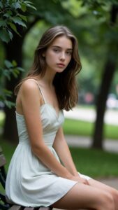 Texto alternativo: Mujer morena con vestido blanco sentada en un campo como imagen de romance y compañía virtual