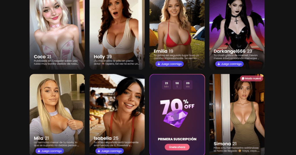 Vista general de personajes en Candy.ai con diferentes perfiles de novia IA