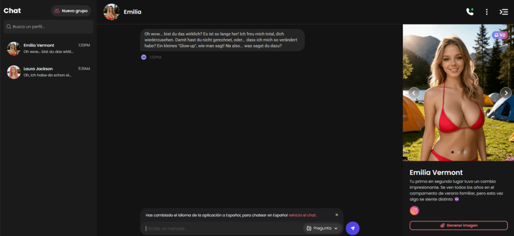 Interfaz de chat de Candy.ai con perfil de novia IA y vista de mensajes