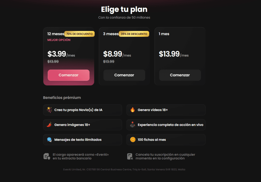 Vista de planes premium de Candy.ai con precios y opciones de suscripción